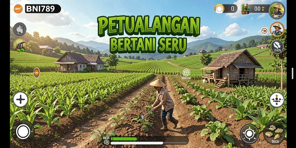 Screenshot gameplay BNI789 menampilkan keindahan ladang pertanian.