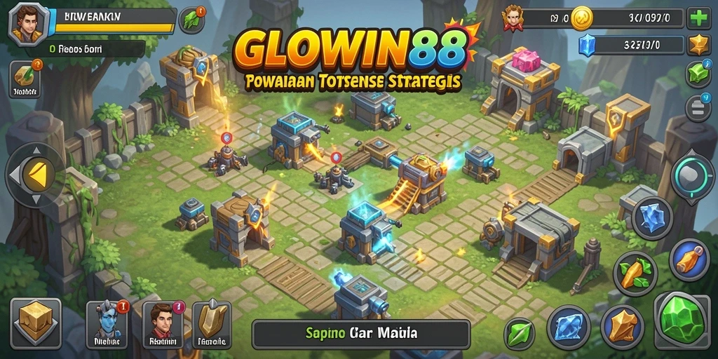 Tampilan gameplay GLOWIN88 dengan menara dan musuh yang menantang.