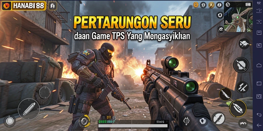 Tangkapan layar HANABI88 menampilkan aksi pertempuran yang mendebarkan dalam gaya TPS.