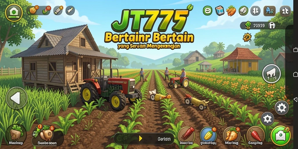 Tangkapan layar utama JT777 menunjukkan aktivitas bertani yang menyenangkan.
