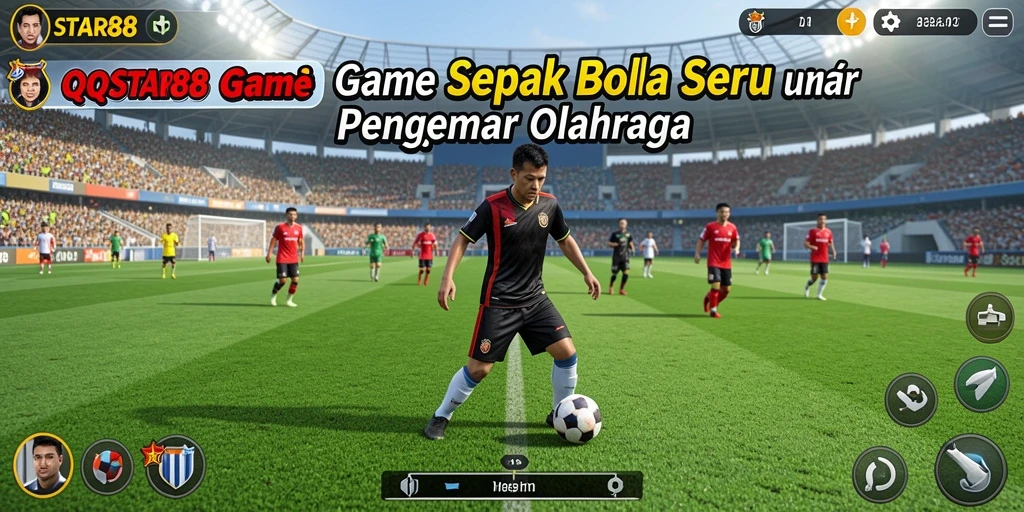 Screenshot gameplay QQSTAR88 yang menampilkan aksi sepak bola seru.
