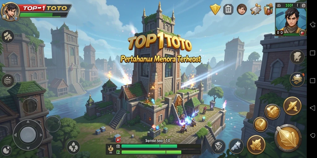Screenshot gameplay TOP1TOTO menampilkan aksi menara pertahanan yang menegangkan.